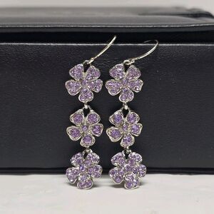 Monet Purple Crystals Floral Silver Tone Dangle Earrings Vintage
